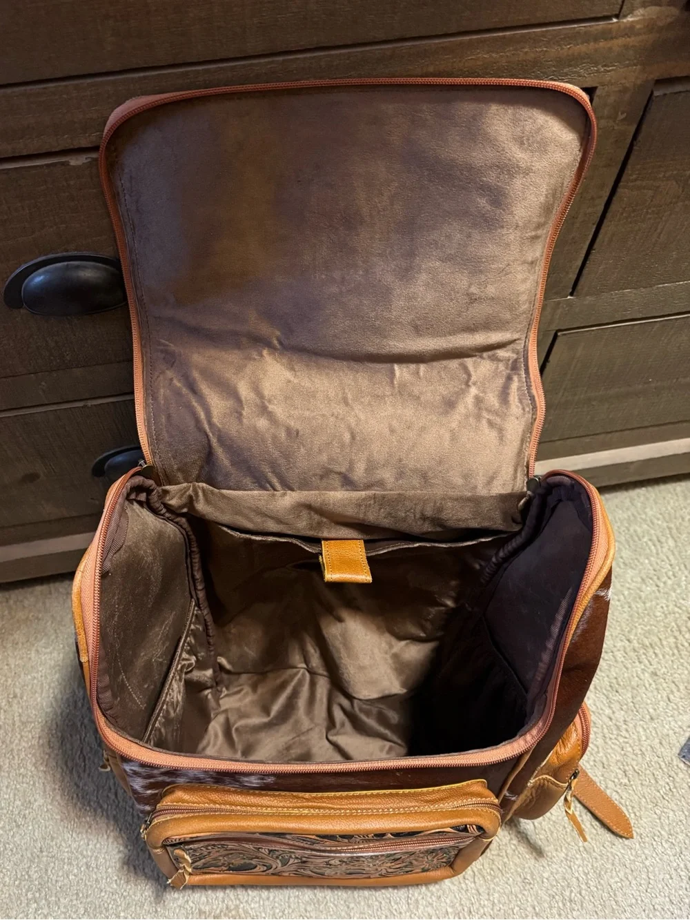 Tooled Leather Floral Backpack With Brown Cowhide